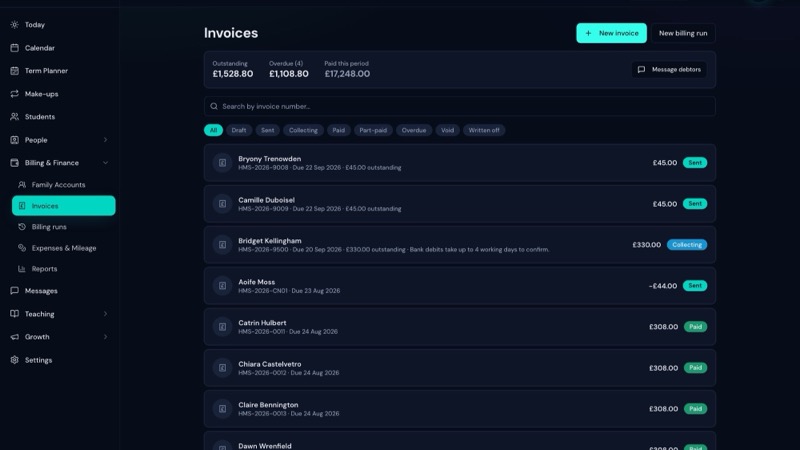 A term of invoices in LessonLoop, listed by status