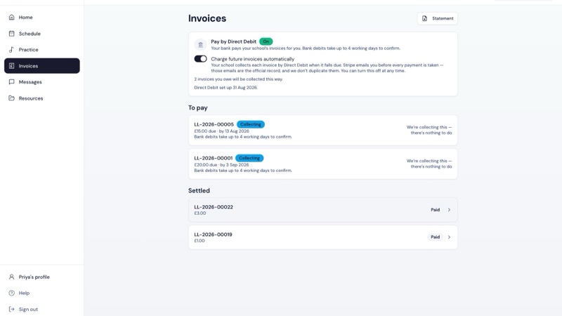 A parent's invoices and Direct Debit card in the LessonLoop portal