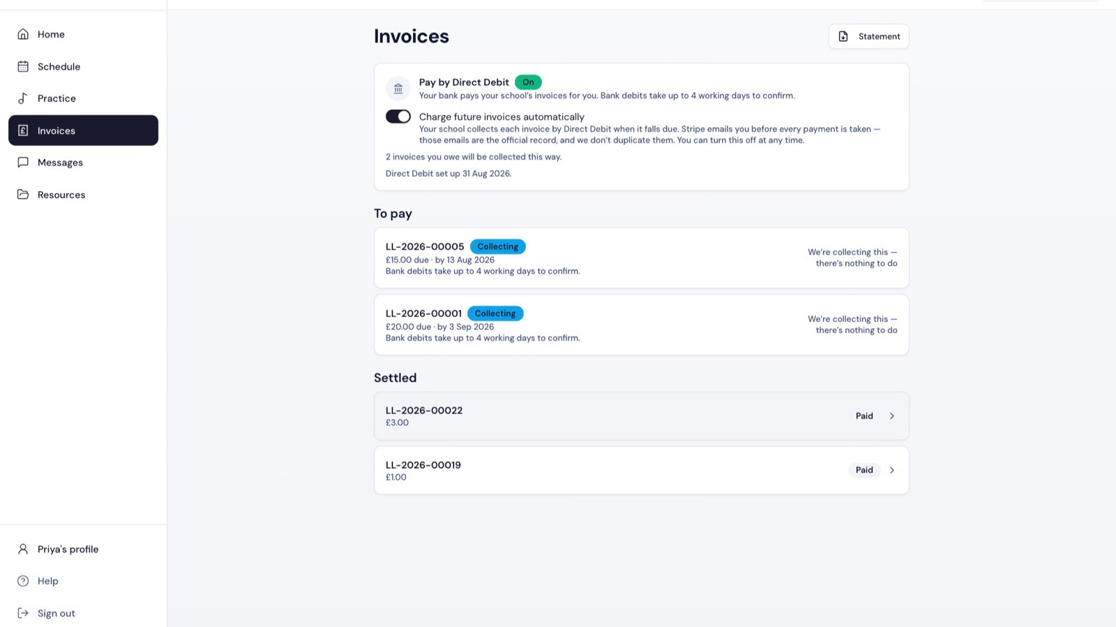 A parent's invoices and Direct Debit card in the LessonLoop portal