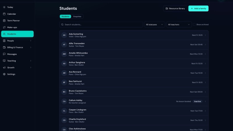 A LessonLoop pupil list showing instruments, lesson lengths and teachers