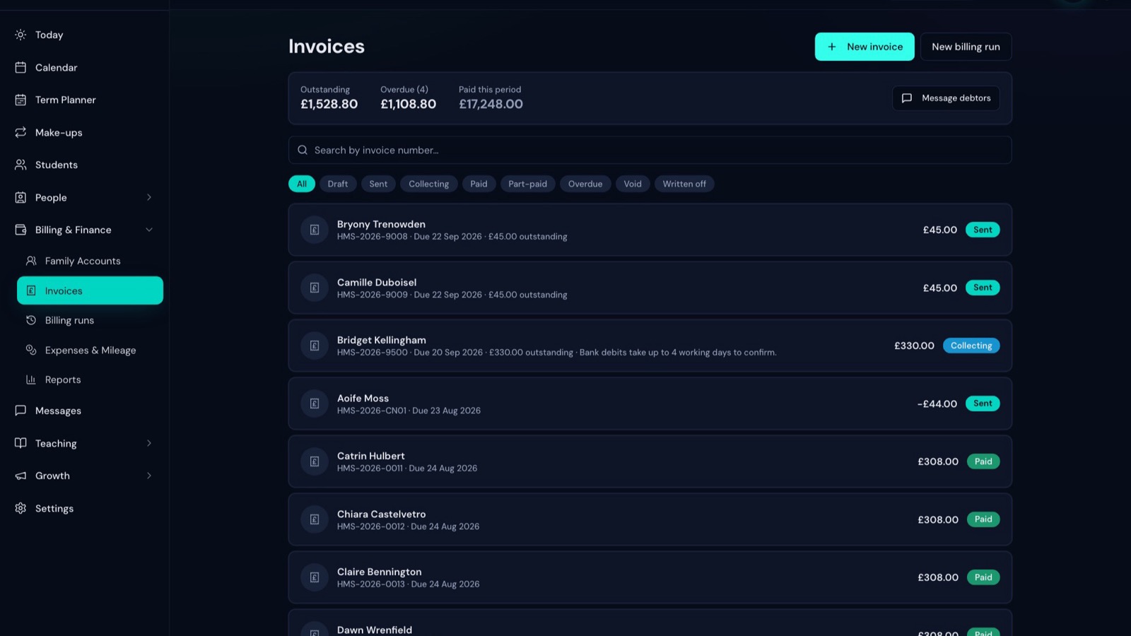 A term of invoices in LessonLoop, listed by status