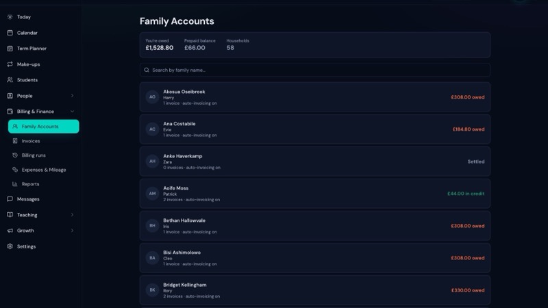 A LessonLoop family account showing a running balance and statement