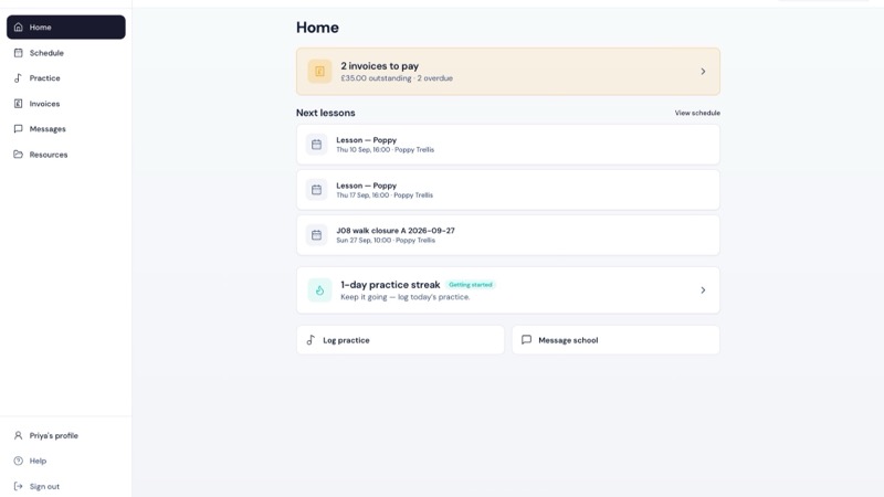 The LessonLoop parent portal home, showing the next lesson, balance and messages