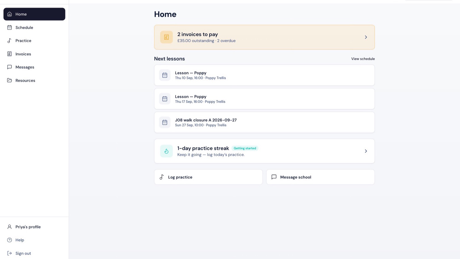 The LessonLoop parent portal home, showing the next lesson, balance and messages