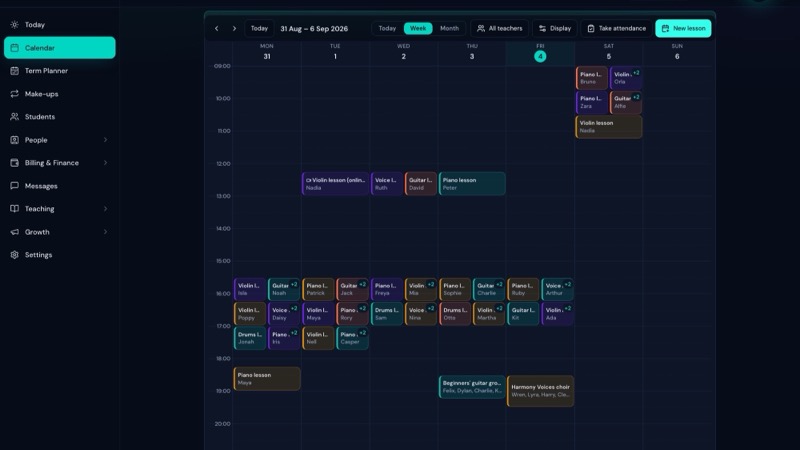A LessonLoop week across teacher lanes with private lessons, a group and a choir