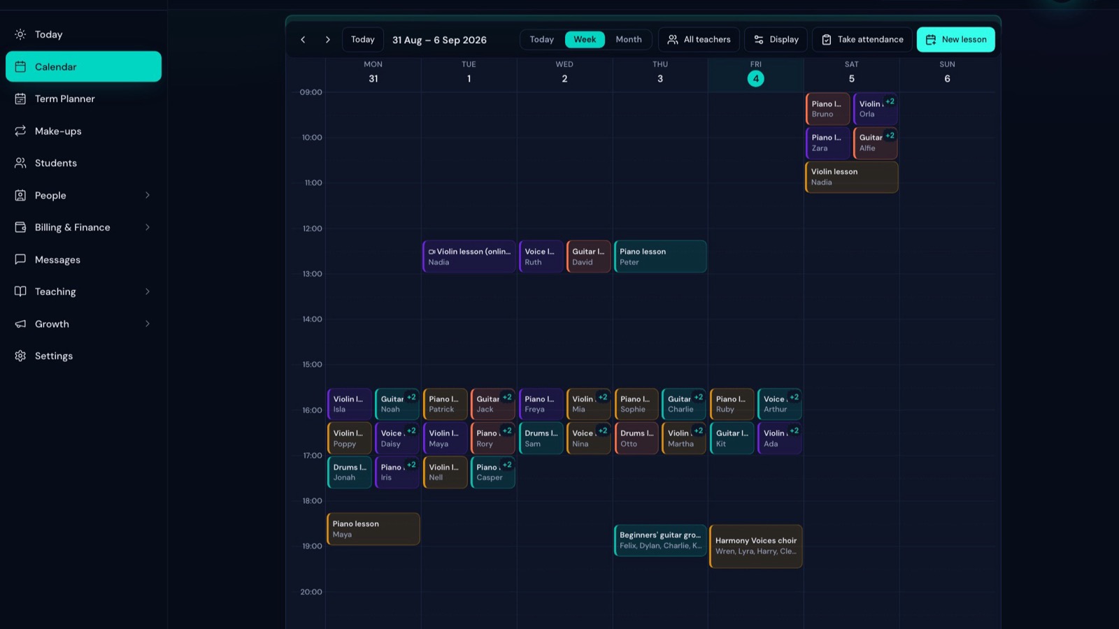 A LessonLoop week across teacher lanes with private lessons, a group and a choir