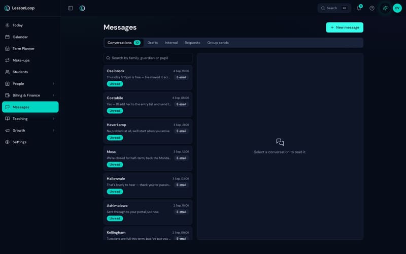 The LessonLoop studio inbox, one thread per family, sent from the school’s own domain