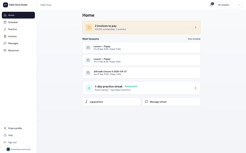 Parent portal home: the next lesson, the balance and recent messages