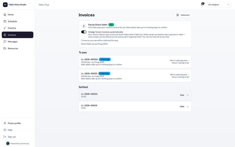 Parent portal invoices, with the amount due and a pay button
