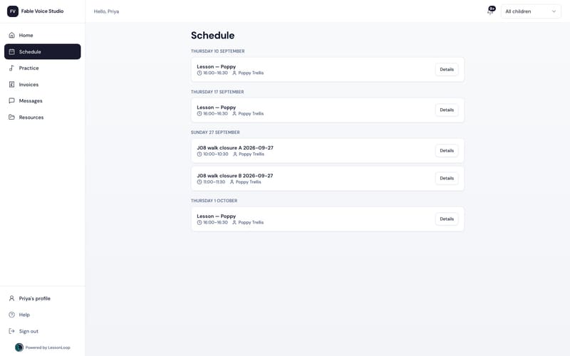 Parent portal schedule, listing this term’s lessons with their teacher and time
